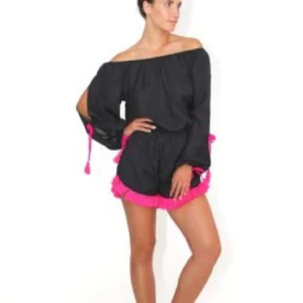 Black and Pink Off-Shoulder Swim Coverup